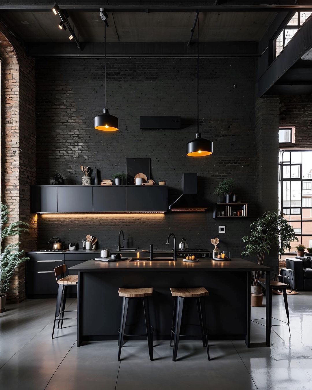 A loft-style kitchen with exposed brick and industrial elements