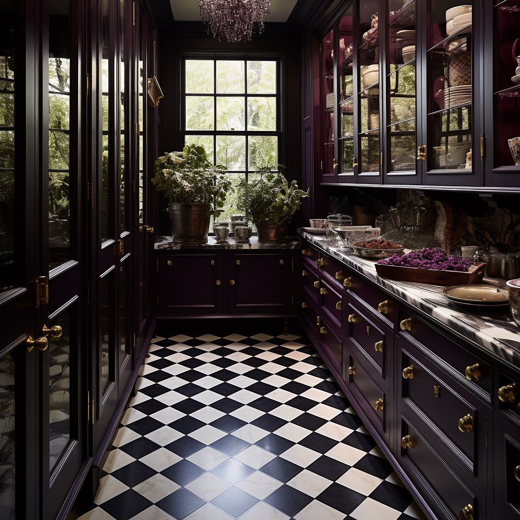 A chic pantry boasting deep purple cabinetry and golden accents with a classic checkered floor