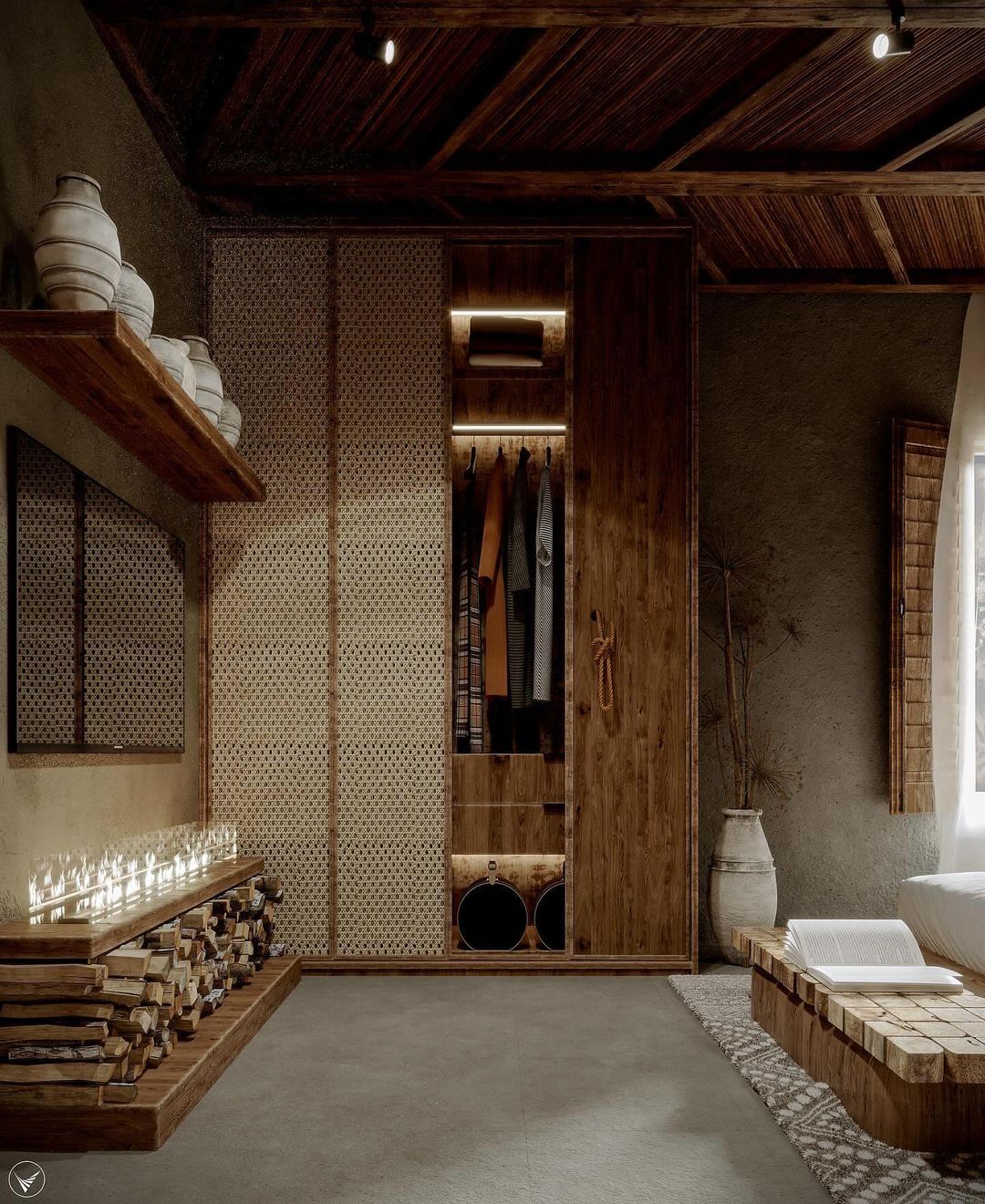 A rustic yet modern bathroom showcasing natural materials and a warm ambiance