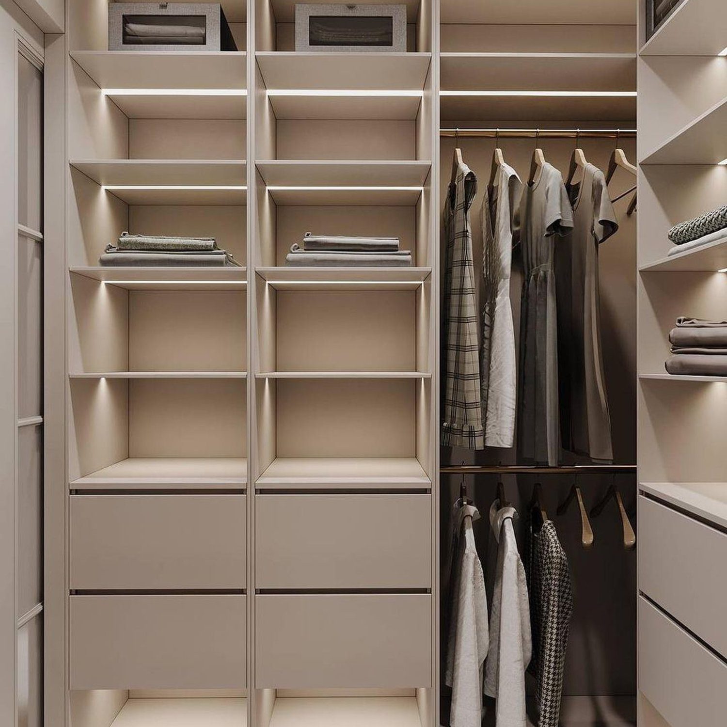 Elegantly organized walk-in closet featuring a tasteful arrangement of shelves and clothing racks.