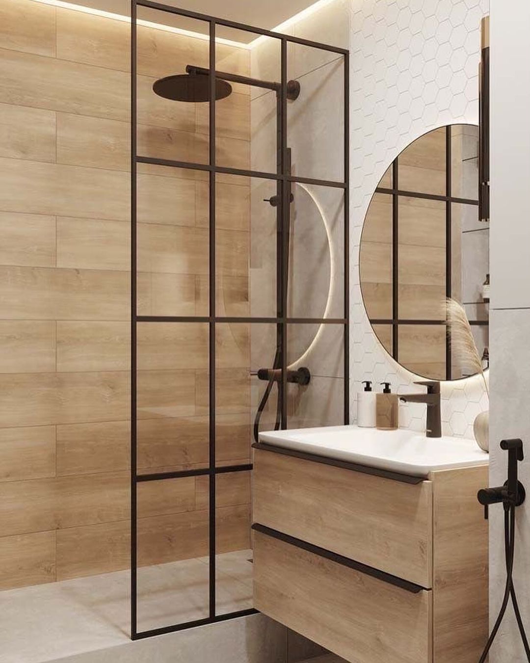 Stylish modern bathroom with wooden finishes