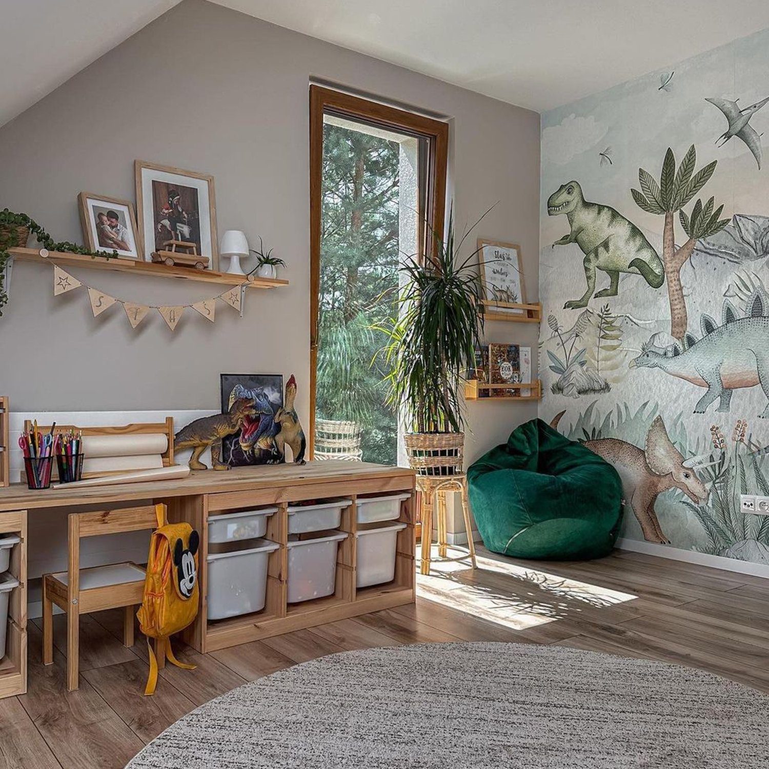 A cozy child's workspace with dinosaur-themed decor