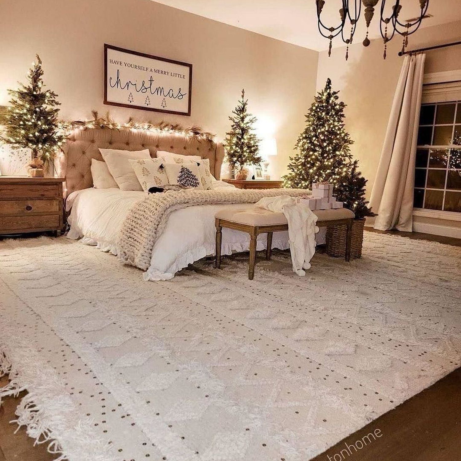 Cozy Christmas-themed bedroom with festive decorations