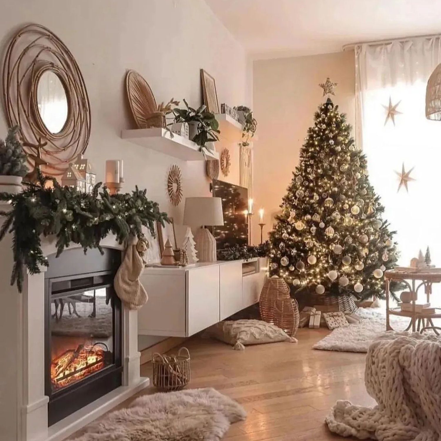 A cozy Christmas-themed living room impeccably decorated with a lush tree adorned with golden lights, giving off a warm, festive glow.