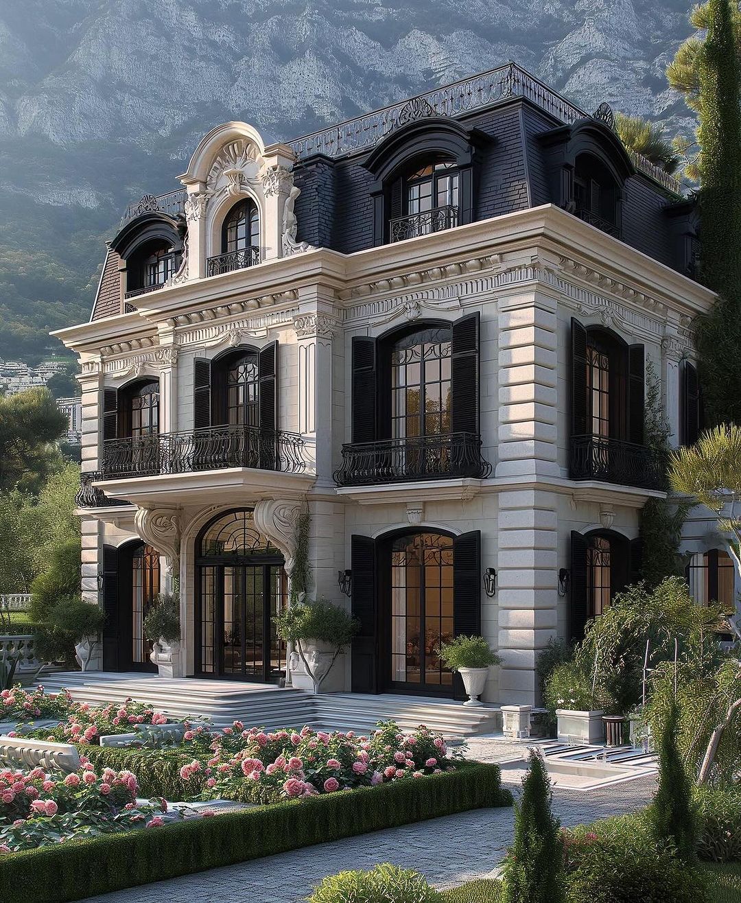 Opulent mansion with mountain backdrop