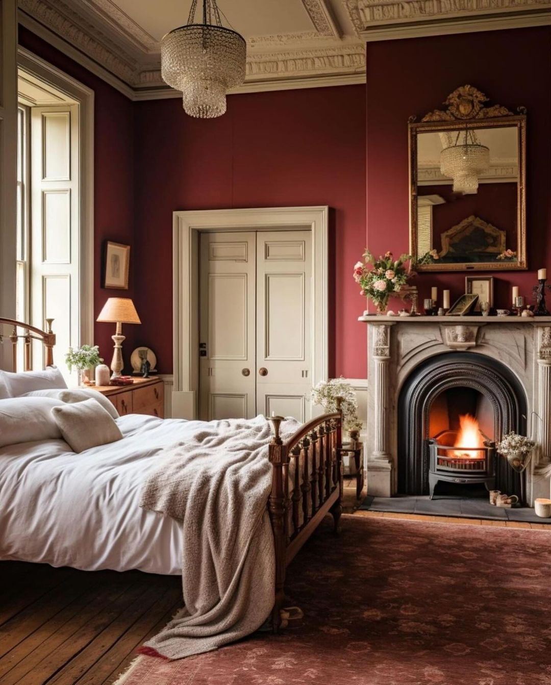 A classic bedroom with rich, burgundy walls and a cozy fireplace