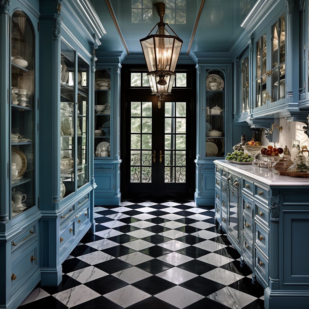 A classic kitchen with blue cabinetry and marble countertops