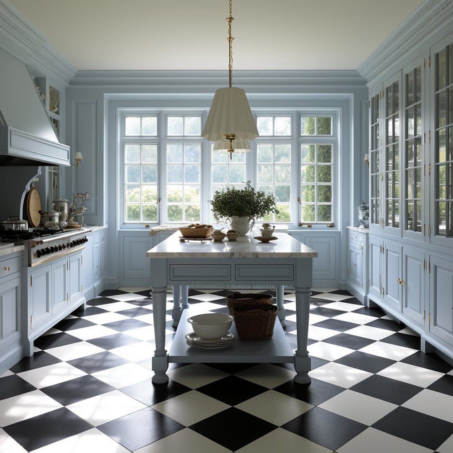 Elegant Blue Kitchen with Checkerboard Floor