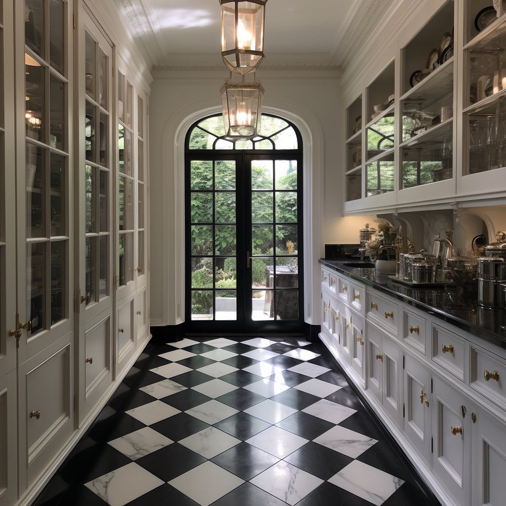 Classic black and white tiled butler's pantry with glass-fronted cabinets