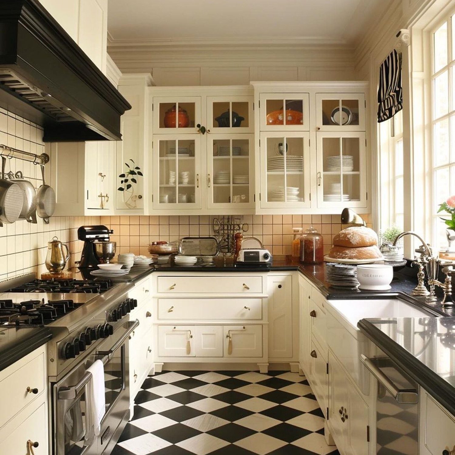 Classic styled kitchen with black and white checkered floor