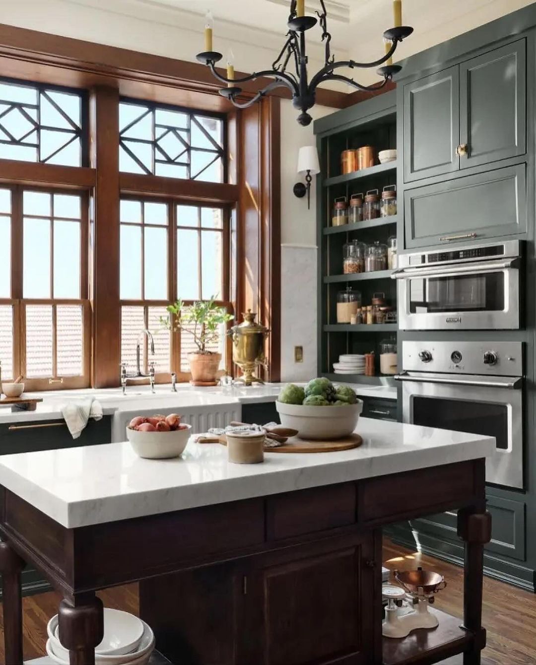 A harmoniously designed kitchen featuring rich dark wood