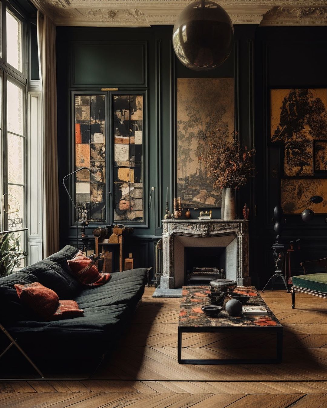 A tastefully designed classic living room with dark green walls