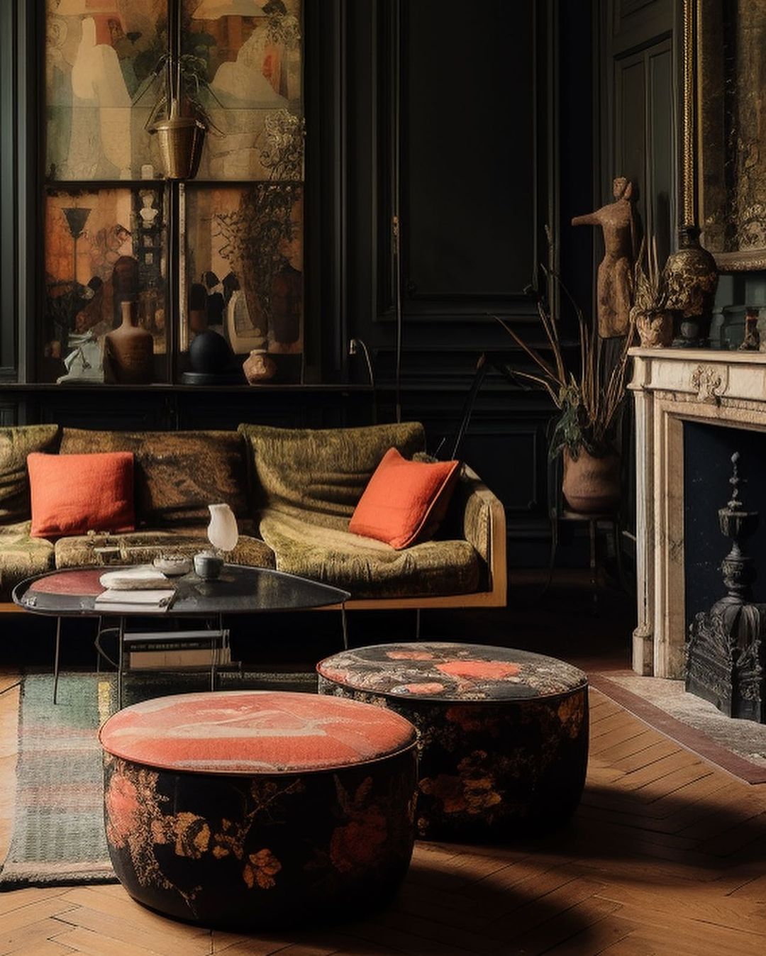 A richly textured living room featuring an olive green velvet sofa with orange cushions