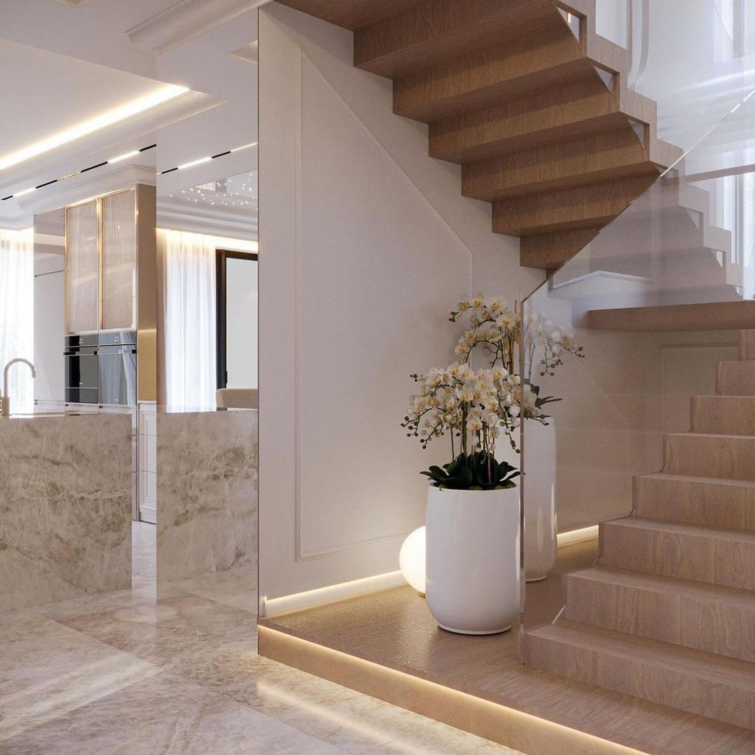 Elegant modern staircase with natural wood steps and marble flooring