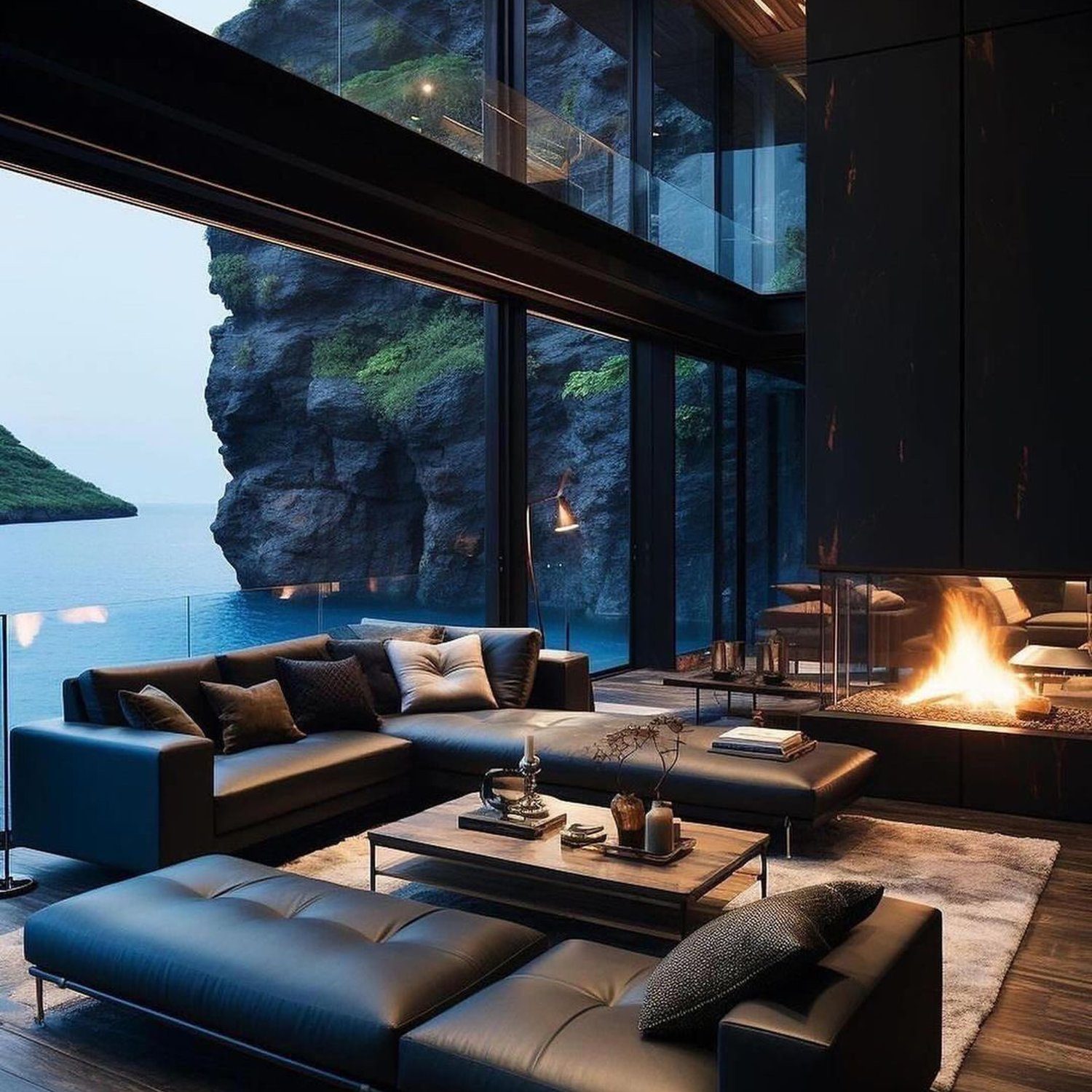 Luxurious cliffside living room with panoramic ocean views