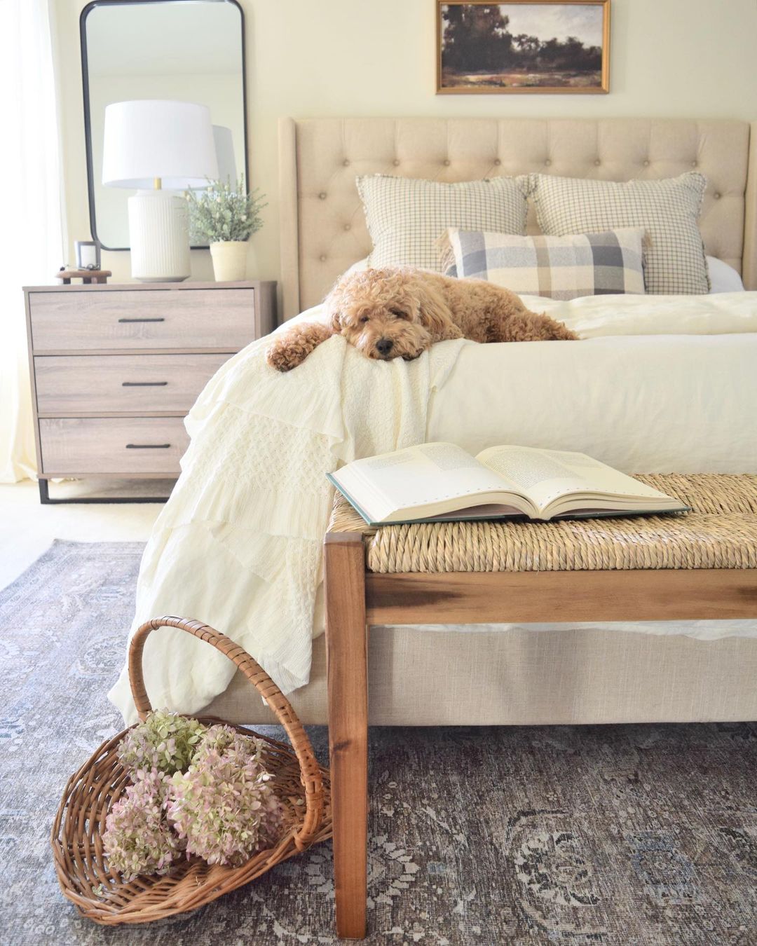 A cozy bedroom with a resting dog