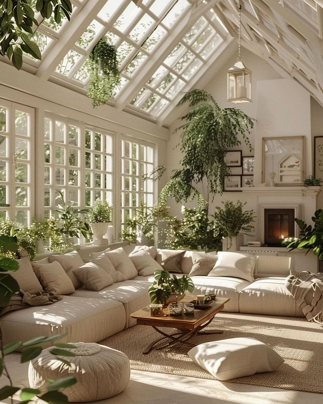 A sunlit conservatory-style living room with lush greenery