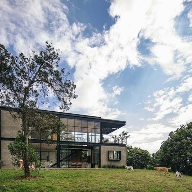 Modern two-story house surrounded by grazing animals and lush greenery