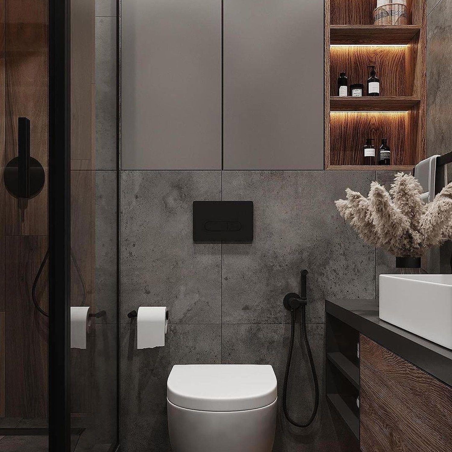 A modern bathroom featuring sleek grey tiles, a wall-mounted toilet, and wooden shelf details