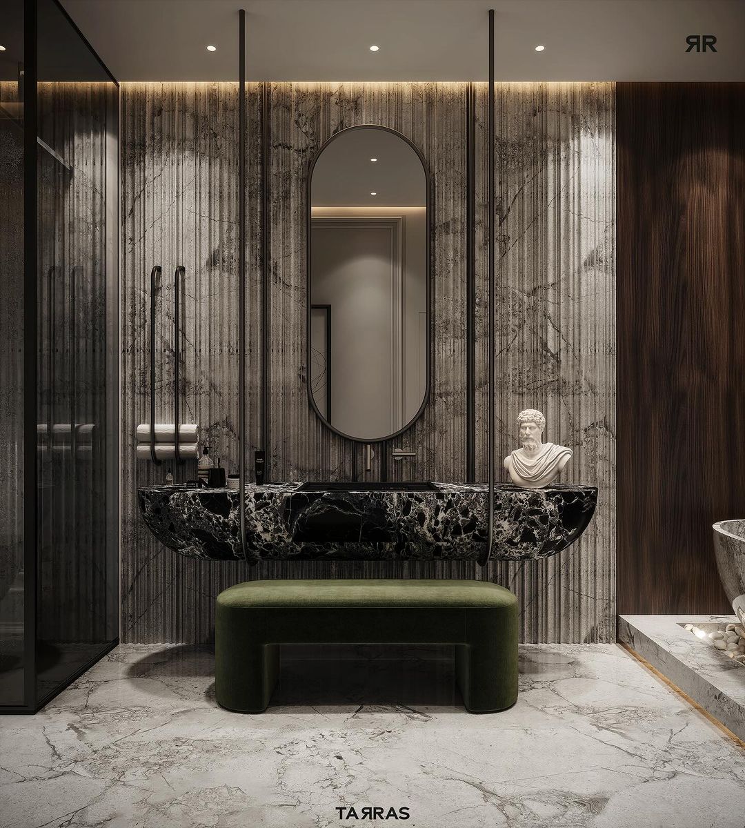 Contemporary bathroom design featuring a unique black marble basin