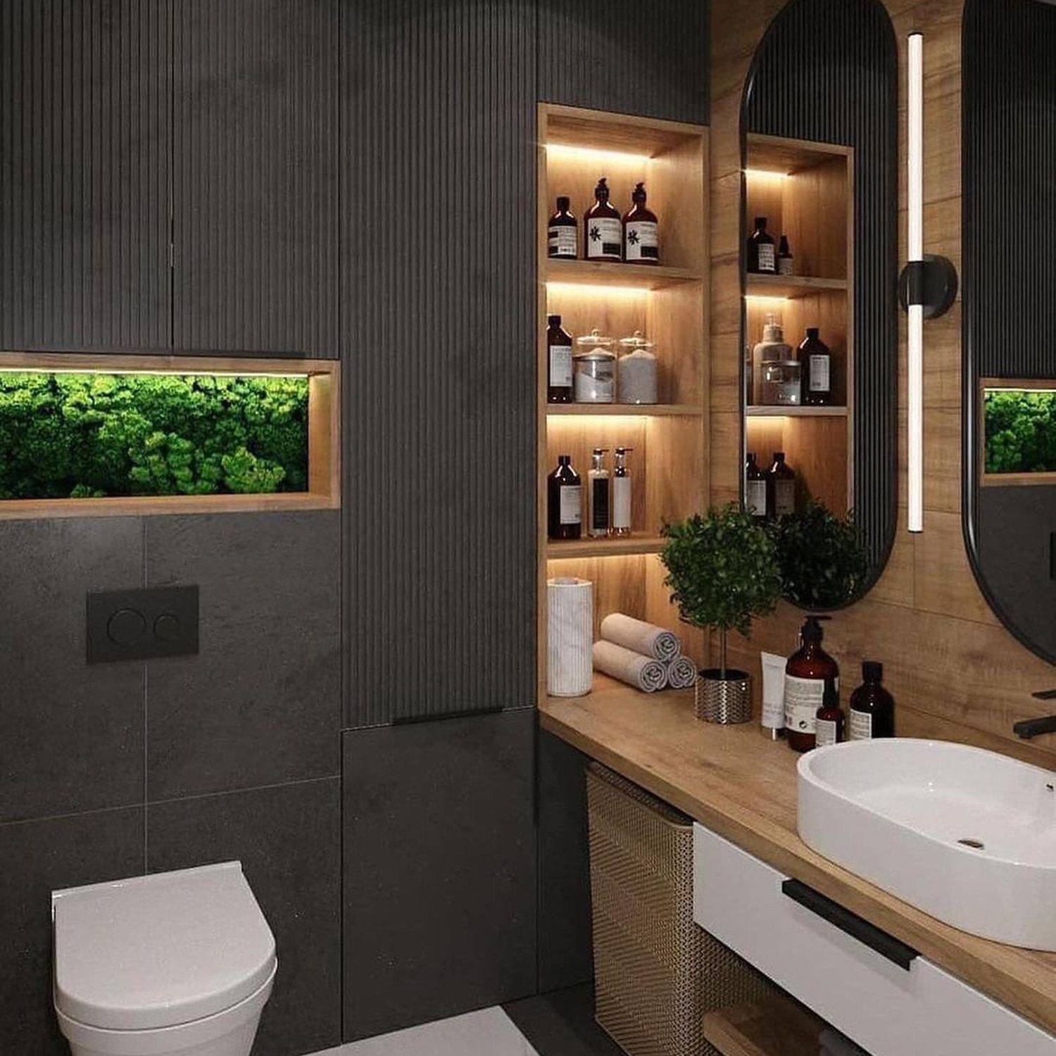 Modern and sleek bathroom design featuring contrasting textures and natural elements