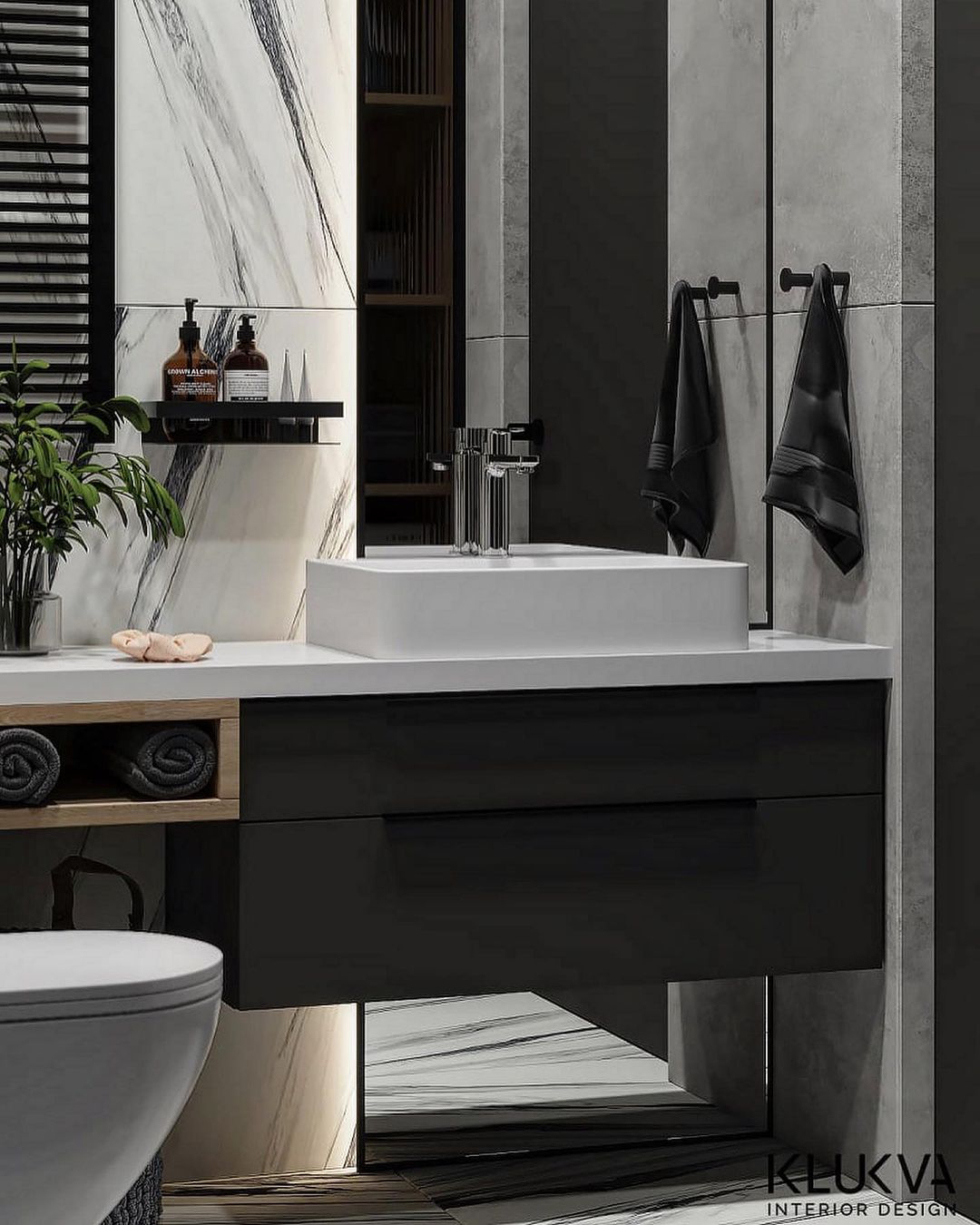 A modern and sleek bathroom design with contrasting textures and colors