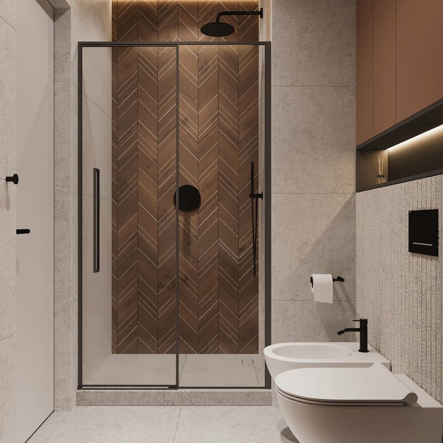 Elegant bathroom with herringbone tiles