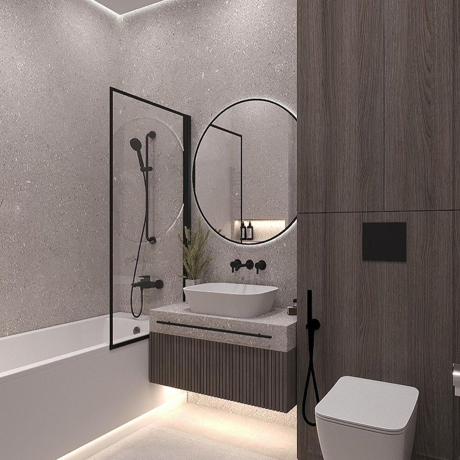 A modern styled bathroom with elegant fixtures