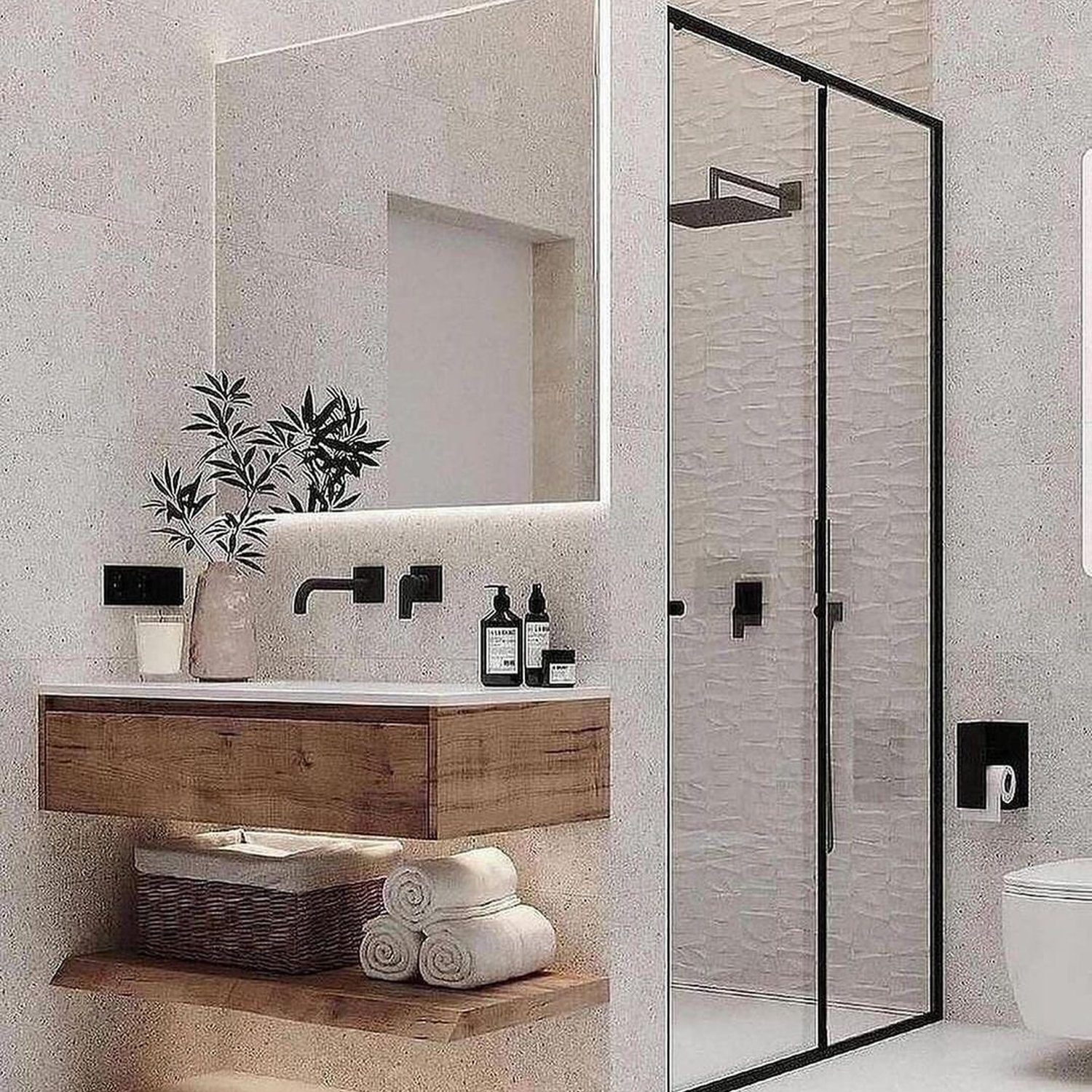 Contemporary minimalist bathroom with textured walls