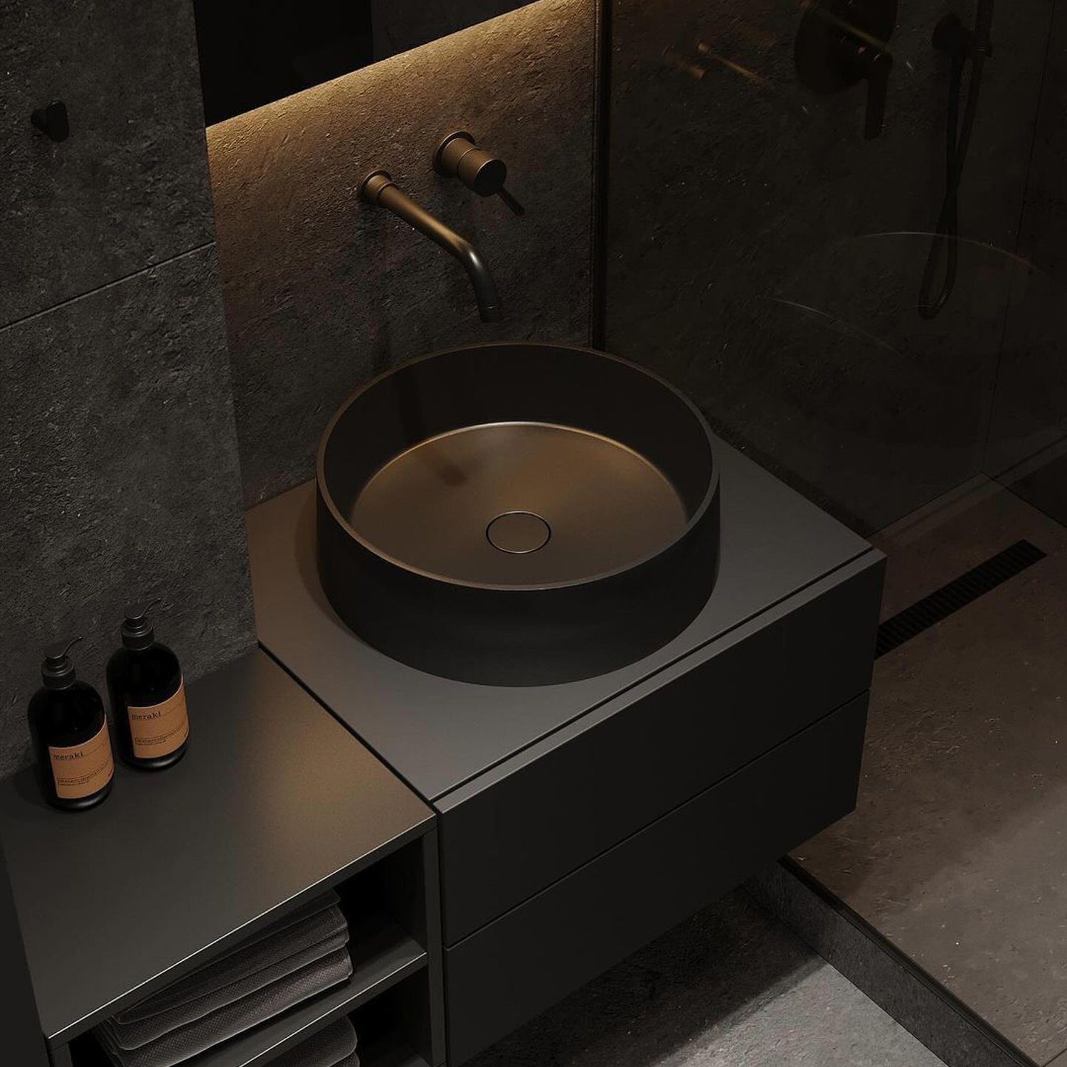 Modern minimalistic bathroom with a round sink