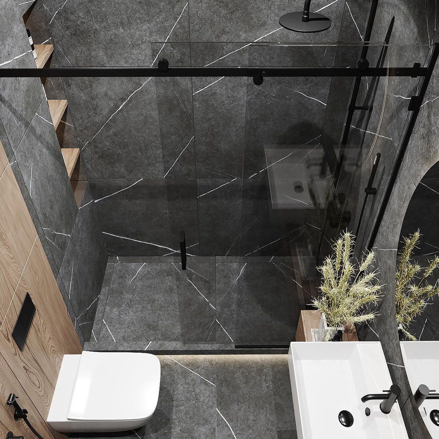 Stylish modern bathroom with dark finished tiles