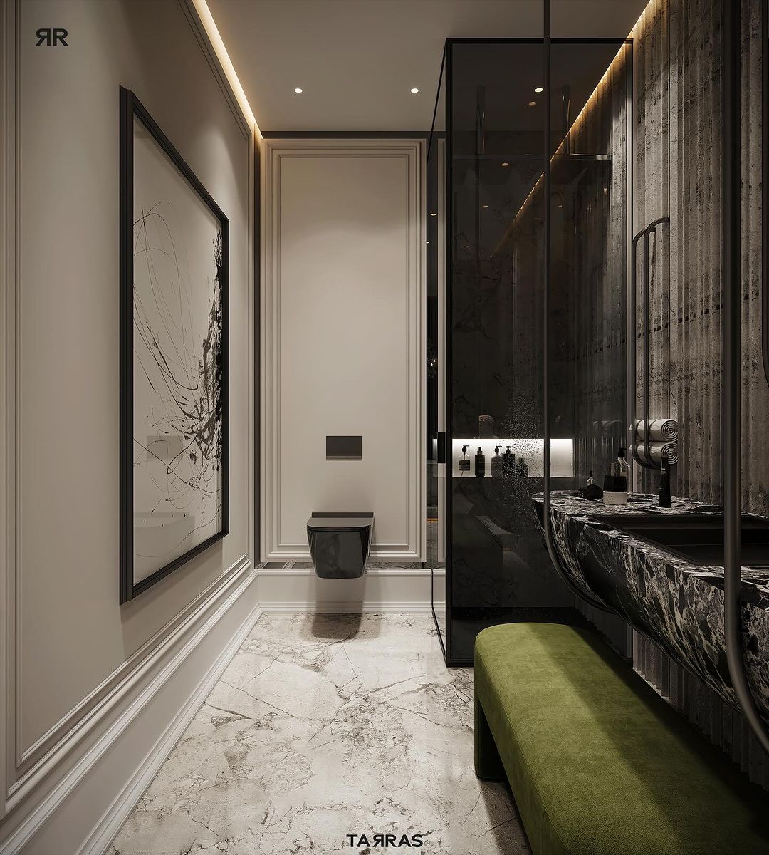 A modern bathroom with artistic touches