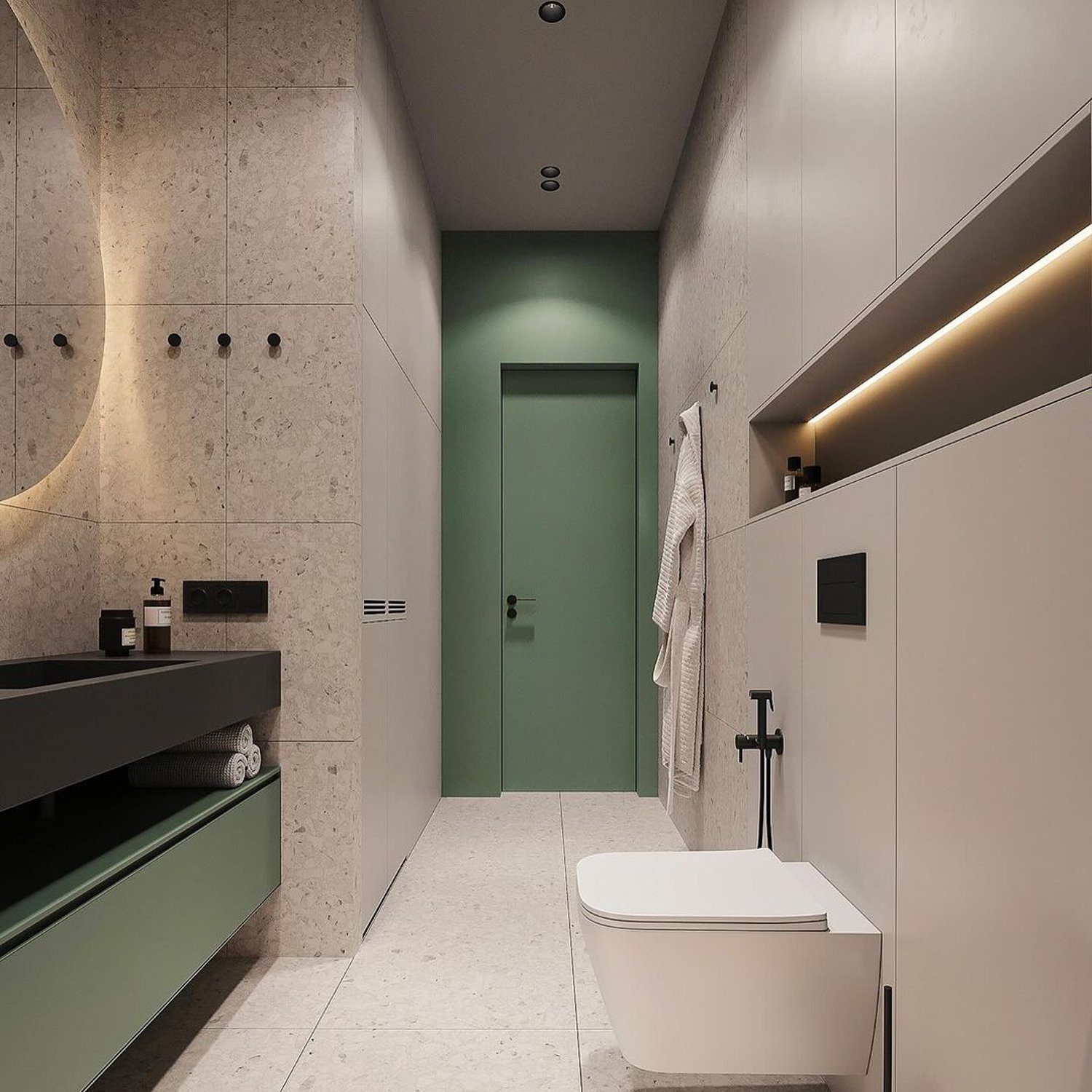 A minimalist modern bathroom featuring a neutral color palette and sleek fixtures