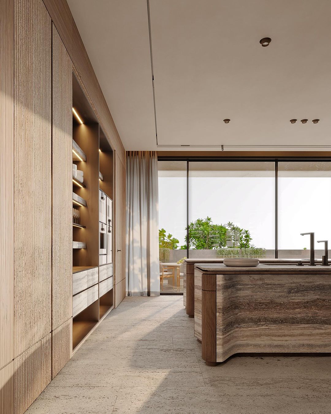 A modern minimalist bathroom featuring a textured wooden wall with built-in shelves, a stone-like floor, and a wood grain designed island sink