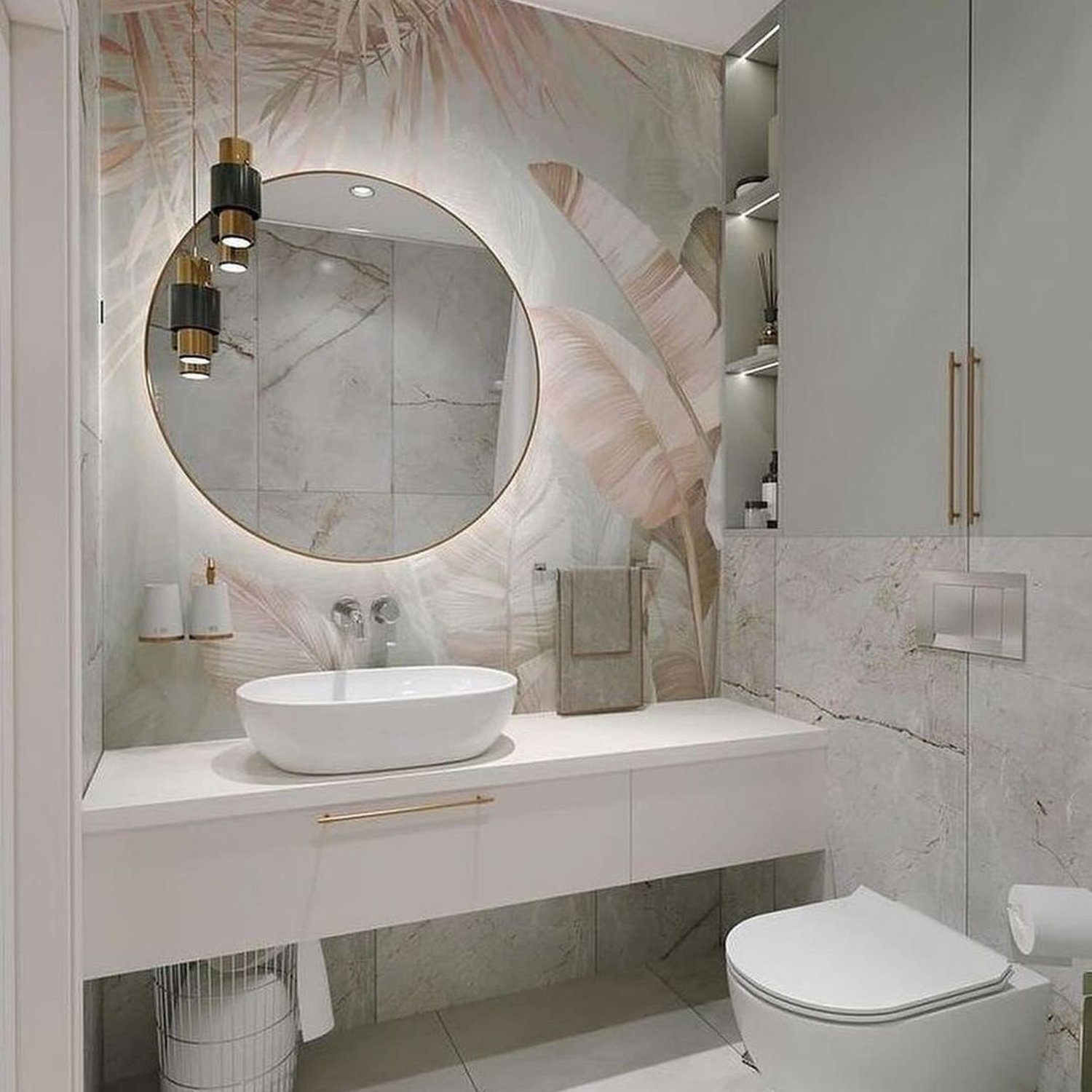 A modern bathroom featuring pastel palm leaf patterns and marble textures