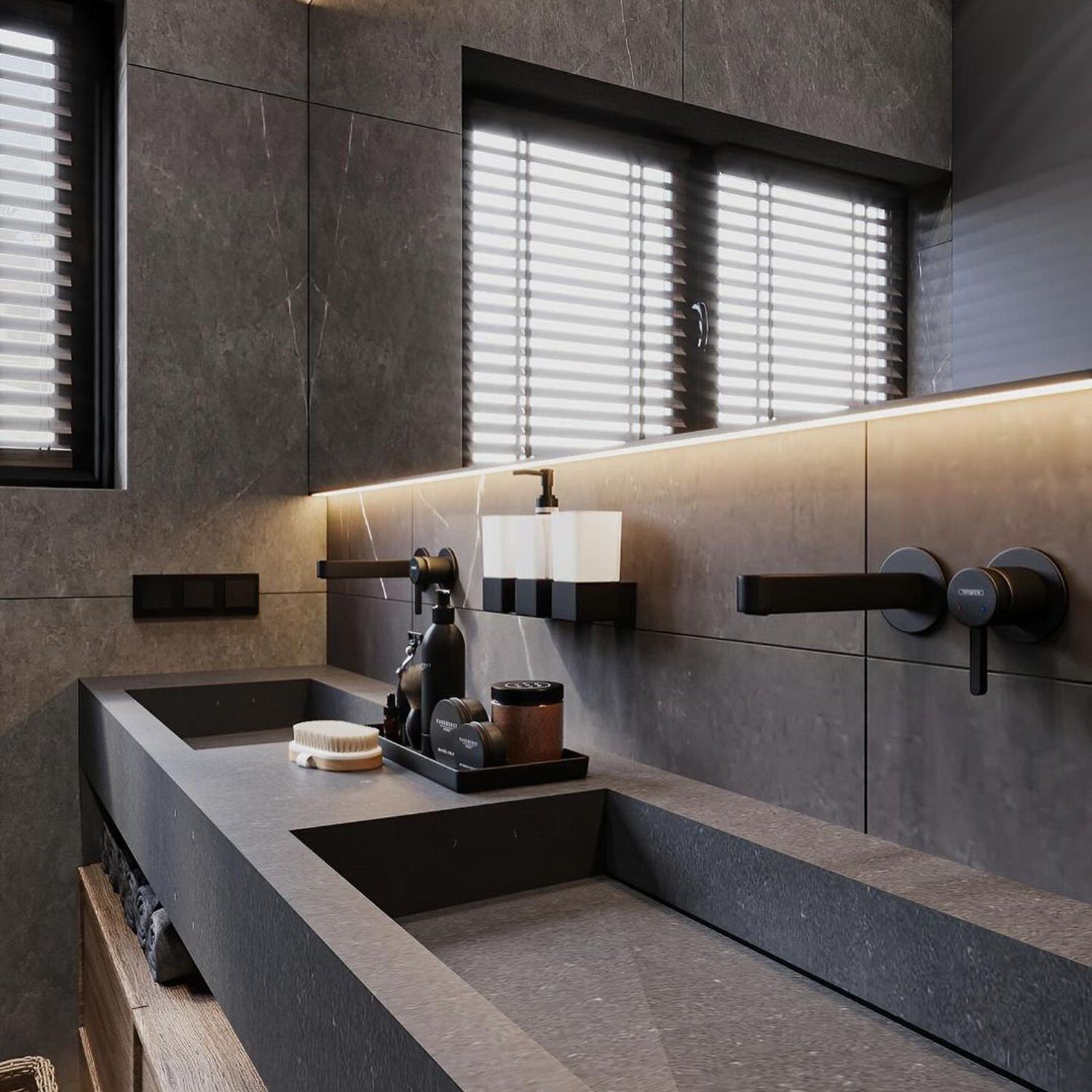 Modern sleek bathroom with dark tones