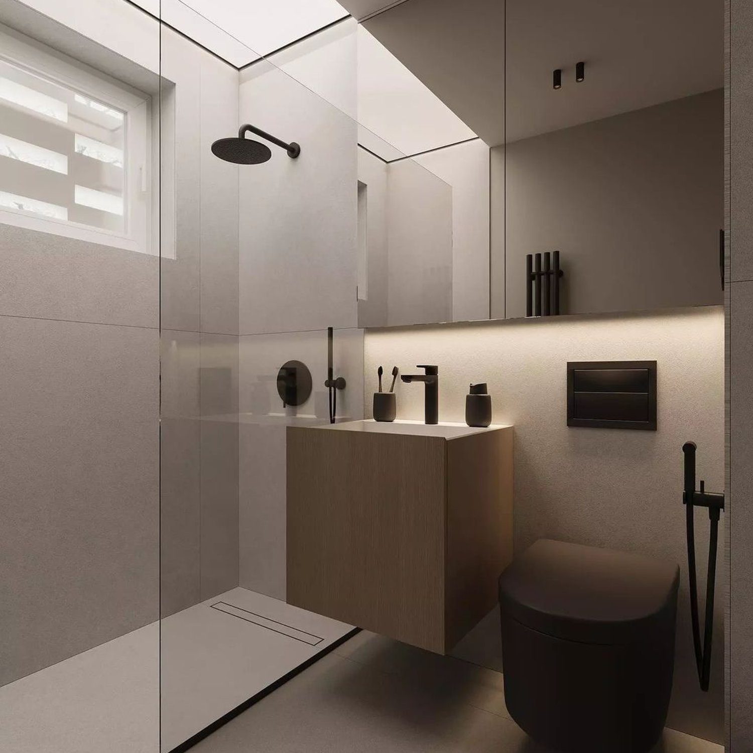 A modern, minimalist bathroom featuring a seamless glass shower, wooden vanity, and matte black fixtures.