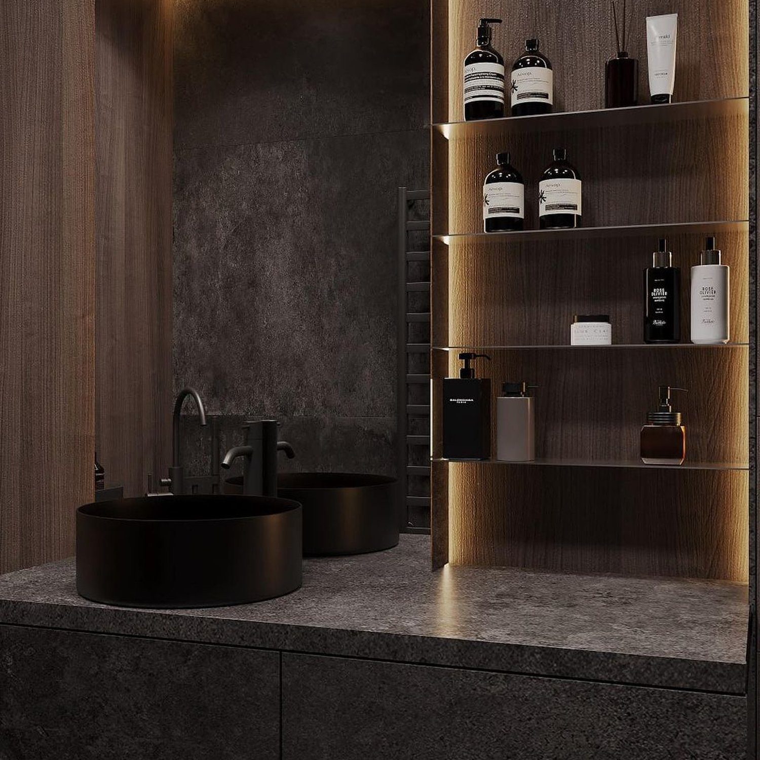 A modern and elegant bathroom design featuring dark hues and nature-inspired elements