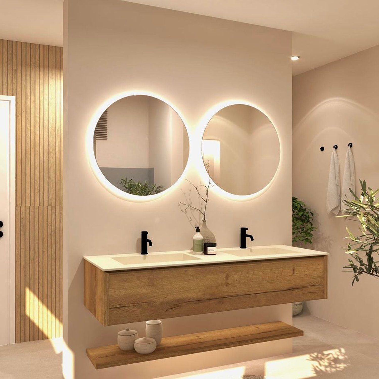 Modern and elegant bathroom design with backlit circular mirrors