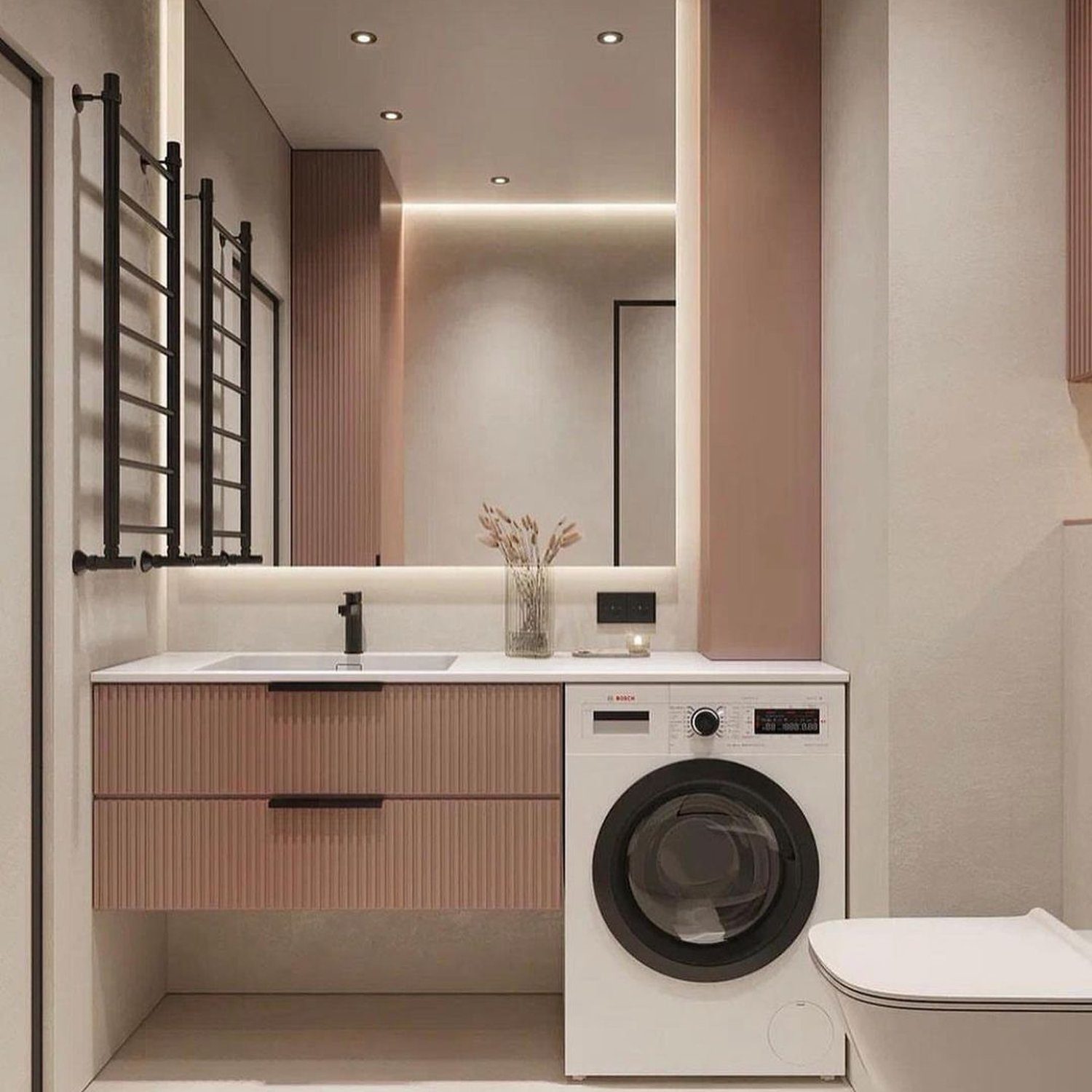 A modern and functional bathroom design with integrated laundry facilities