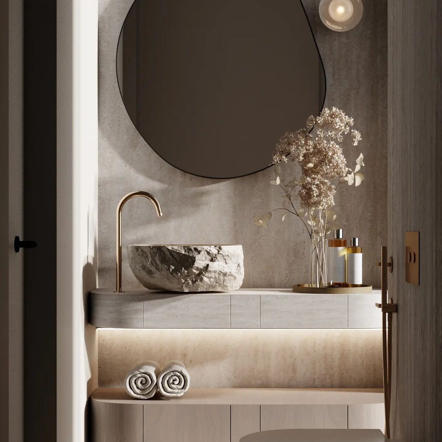 A modern minimalist bathroom featuring a marble basin