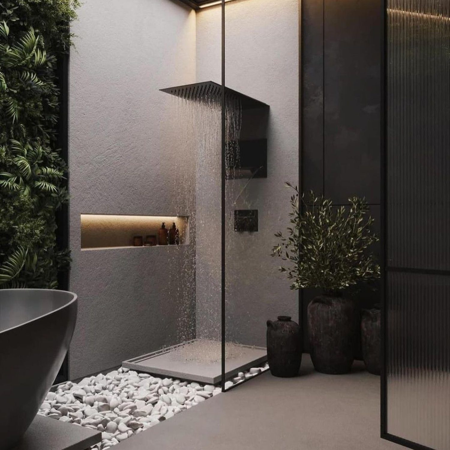 Elegant dark-toned bathroom with indoor plants