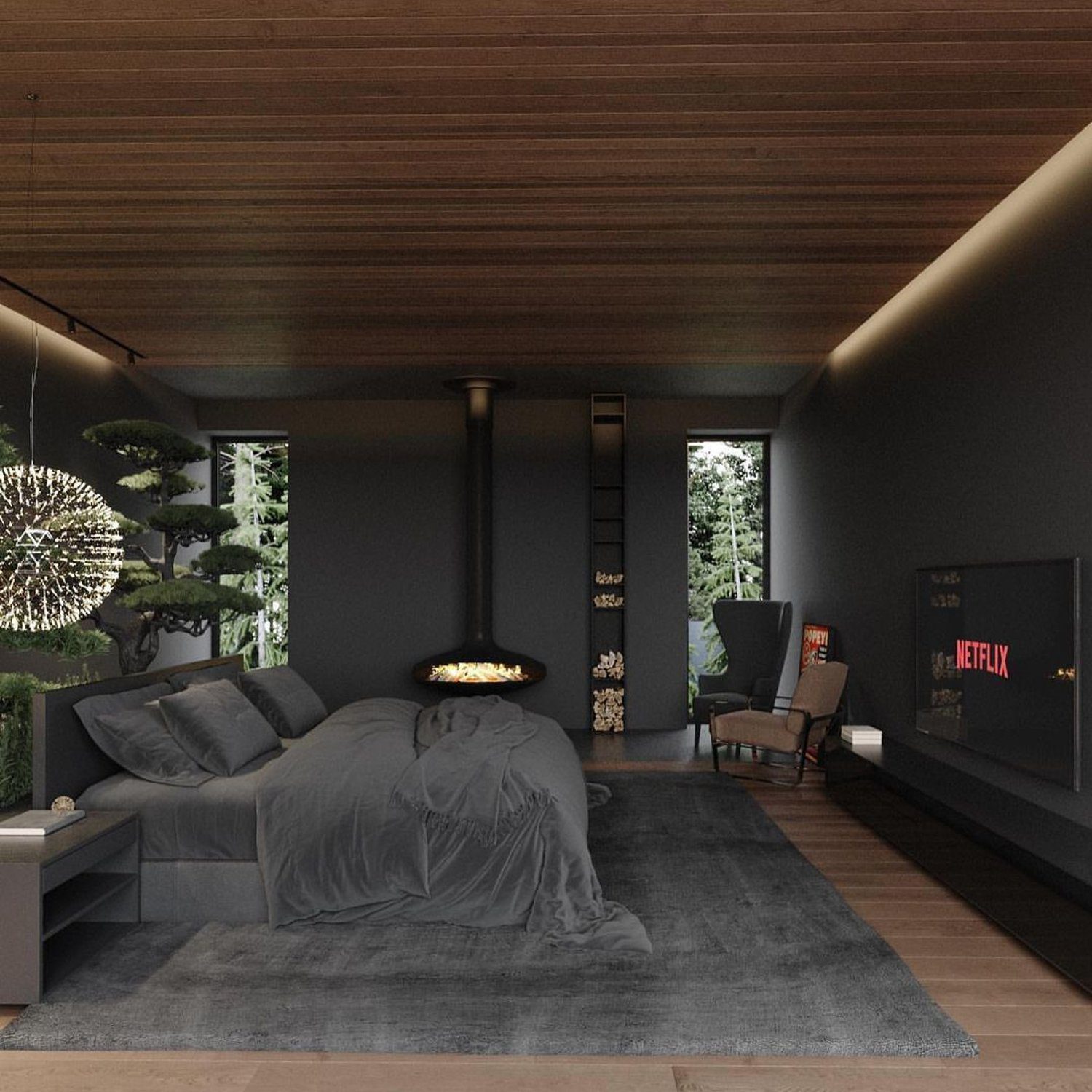 Contemporary bedroom with nature view