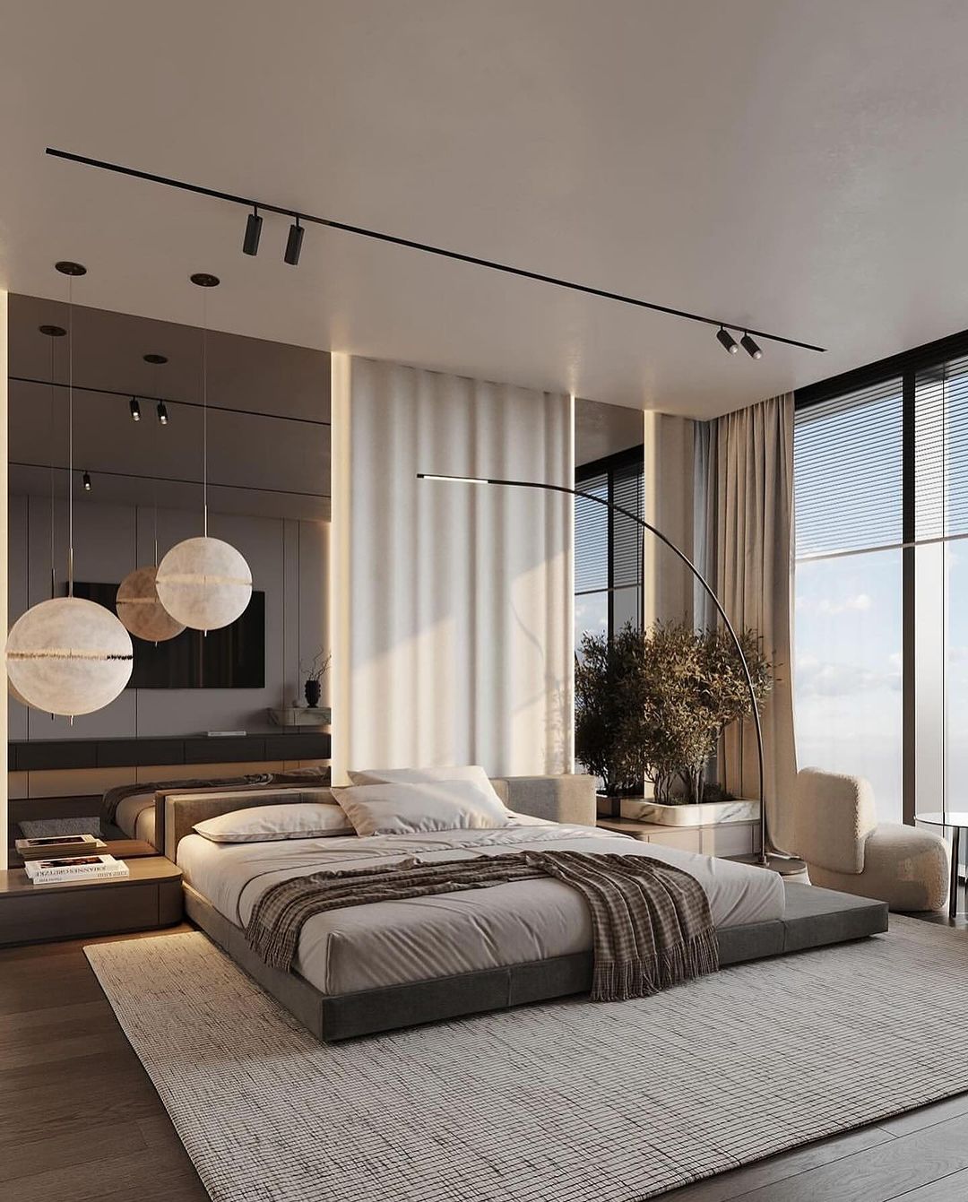 Contemporary bedroom with large windows