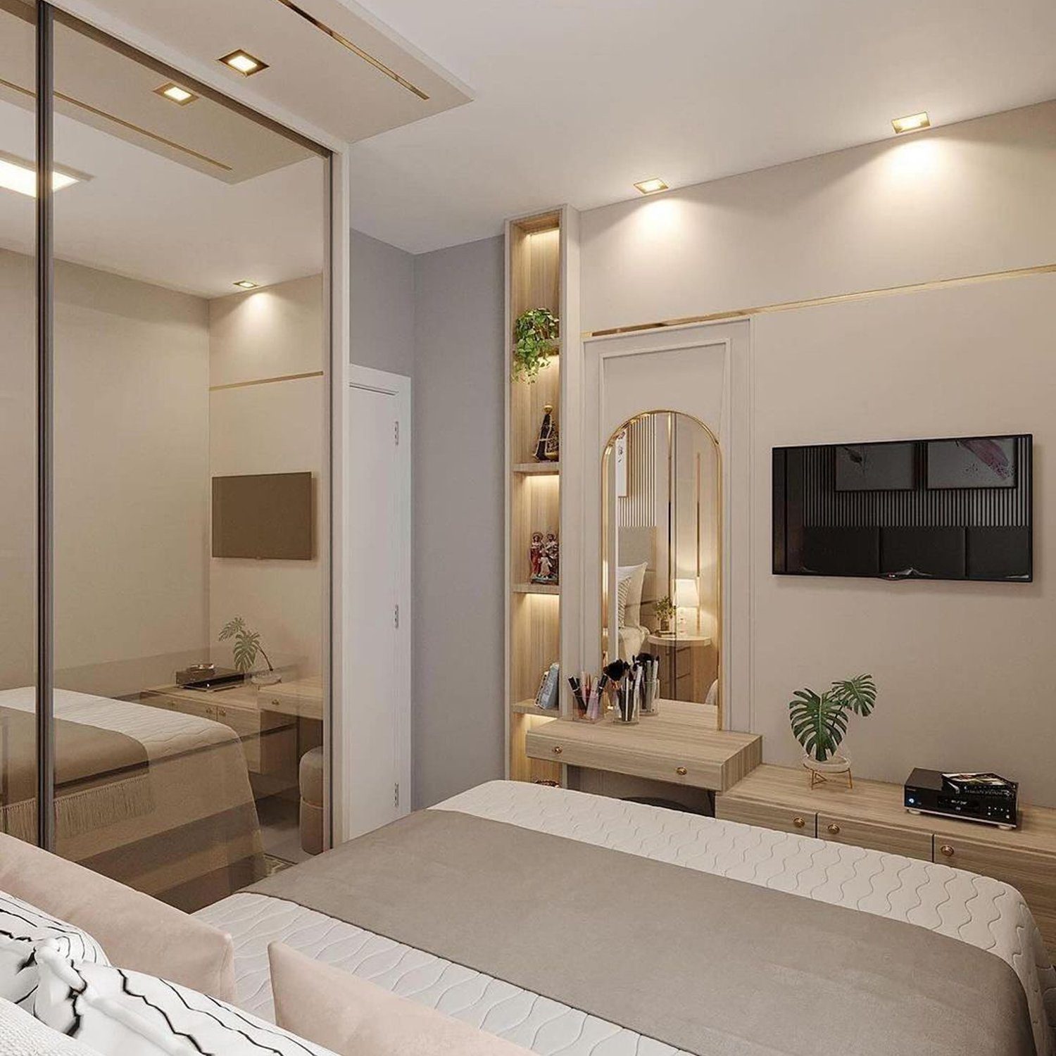 A modern and sleek bedroom featuring mirrored wardrobe doors and elegantly placed accent lighting.