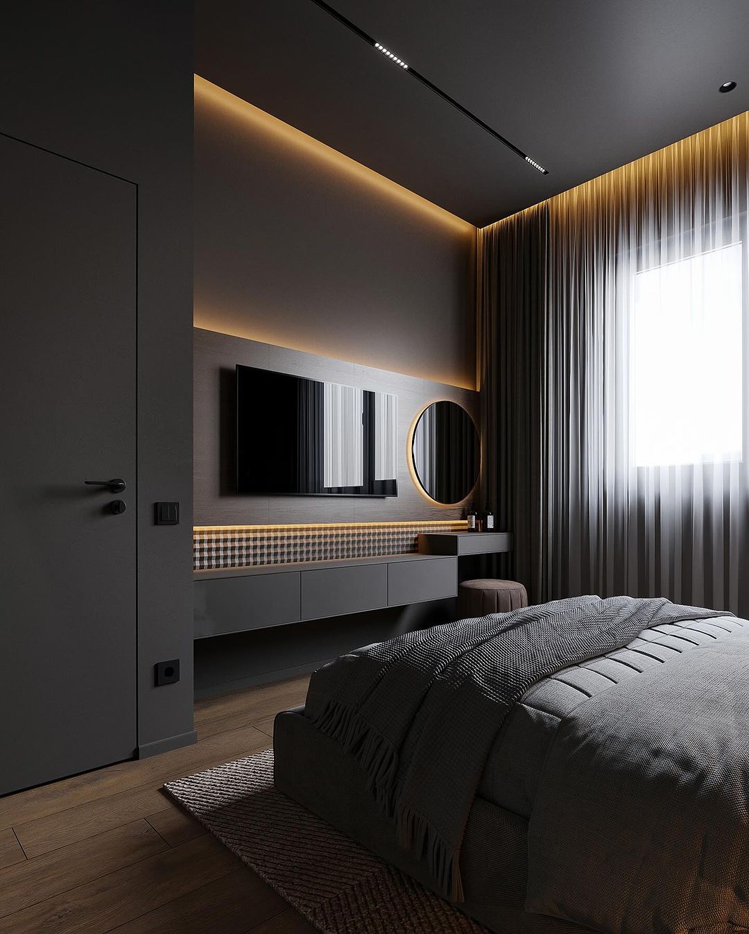 Contemporary bedroom with nuanced lighting and textures