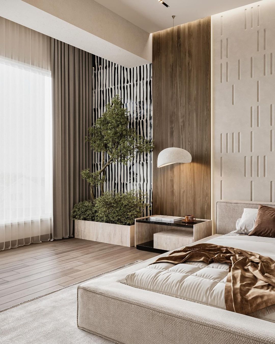 A bedroom combining modern and natural elements