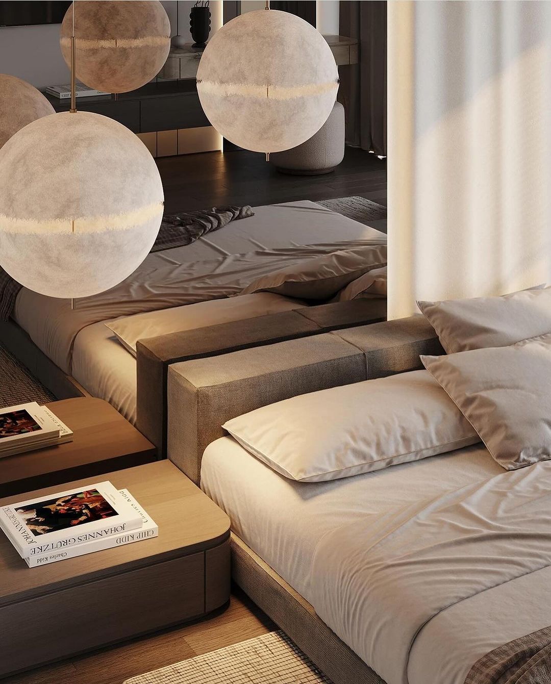 Stylish contemporary bedroom featuring large spherical pendant lights, unified earthy tones, and streamlined furnishings.