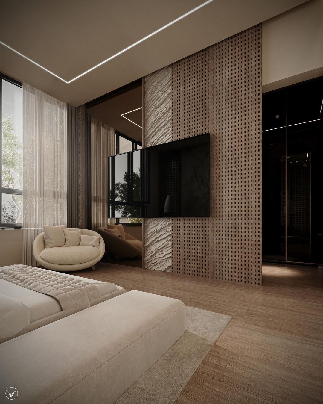 Contemporary bedroom design with a mix of textures and neutral tones