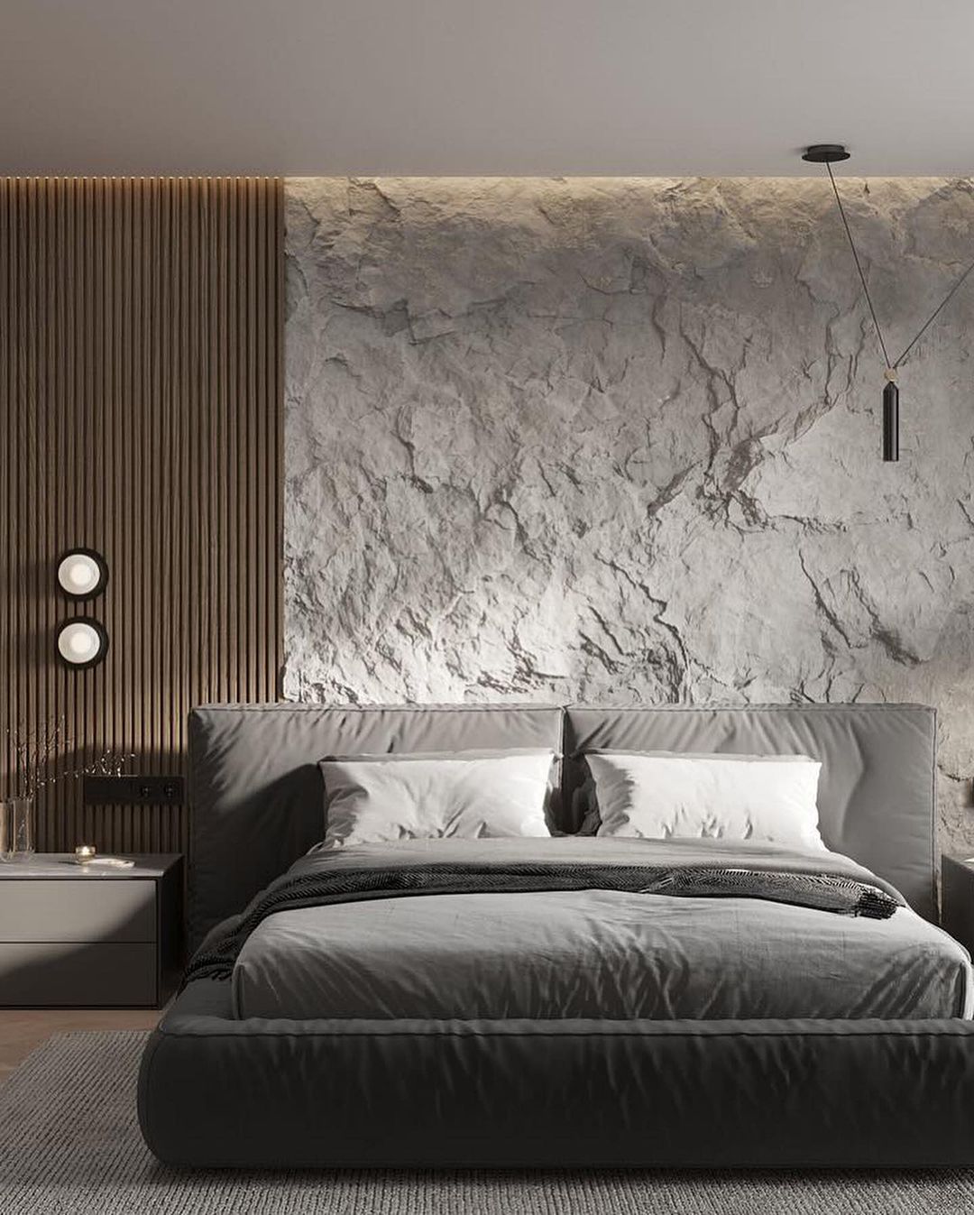 Contemporary bedroom with textured wall and minimalist design